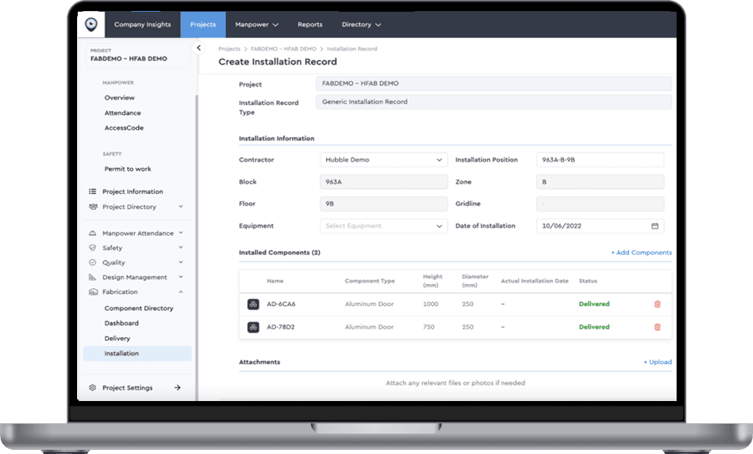 Example of an installation record created in the Integrated Digital Delivery IDD platform