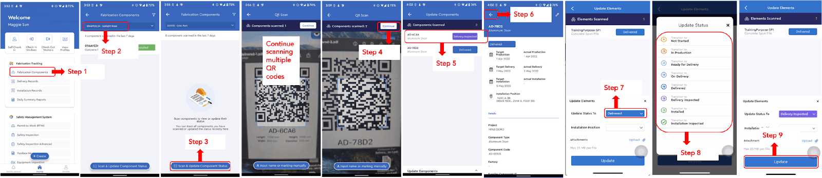 Steps to upload precast components status via mobile device