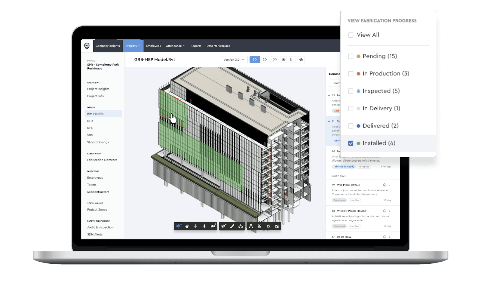 Status information displayed through BIM representation